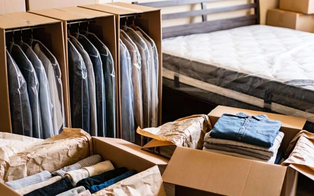 Wardrobes and clothes in boxes during a move with a moving company in Wisconsin Dells